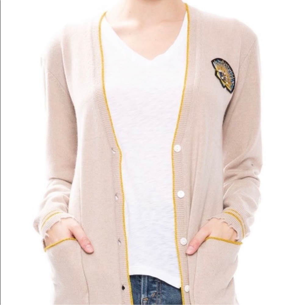 Le Superbe Oatmeal Beach to Bar Cashmere Cardigan, bejewelled shell, pockets, M